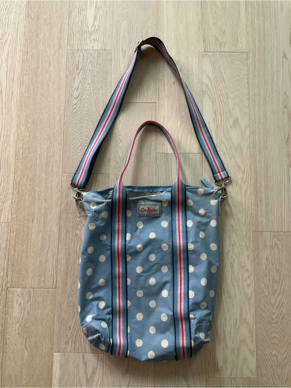 Cath Kidston Light Blue Polka Dot Tote with Striped Strap *Has flaws*